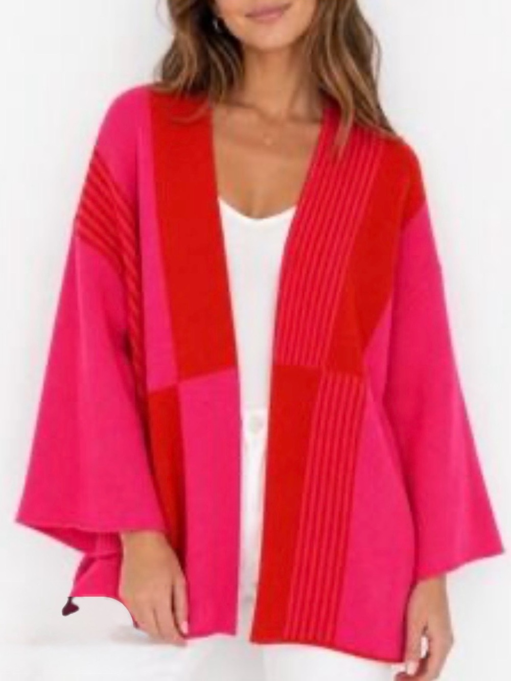 &merci Pink Red Colorblock Oversized Open Front Cardigan Chunky Knit Sweater Med